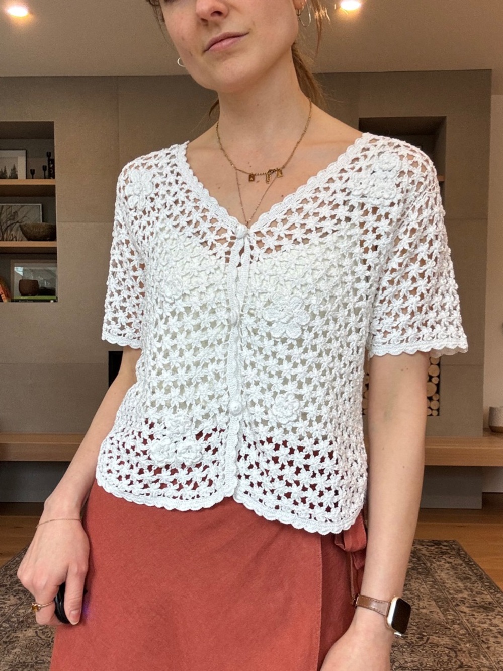 White Crochet Button-Front Top likely handmade small